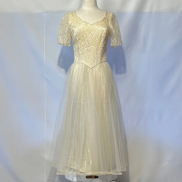 lace and tulle tea length wedding dress Noxanna Bridal SOPHY Floral Embroidery Tea Length Wedding Dress One Honey White / 4 USA main image 1